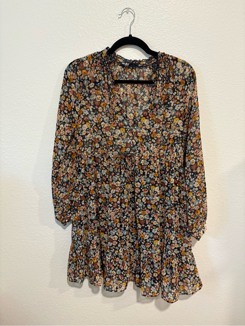 Floral V-Neck Tiered Longsleeve Mini Dress - Navy with Multicolor Flowers